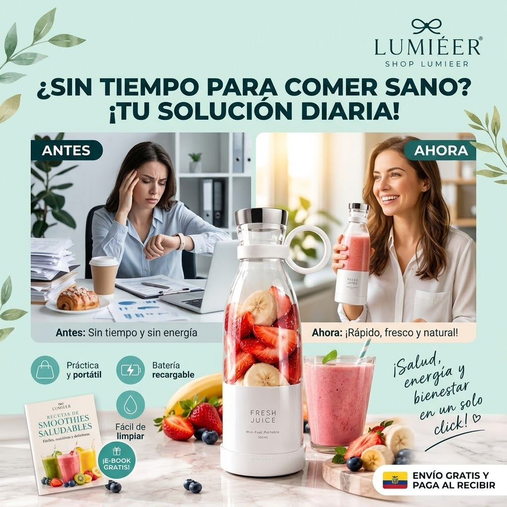 Fresh Juice™ Licuadora Portátil | Batidos y Jugos en 30 Segundos — Incluye Ebook GRATIS de Recetas Saludables para Bajar de Peso