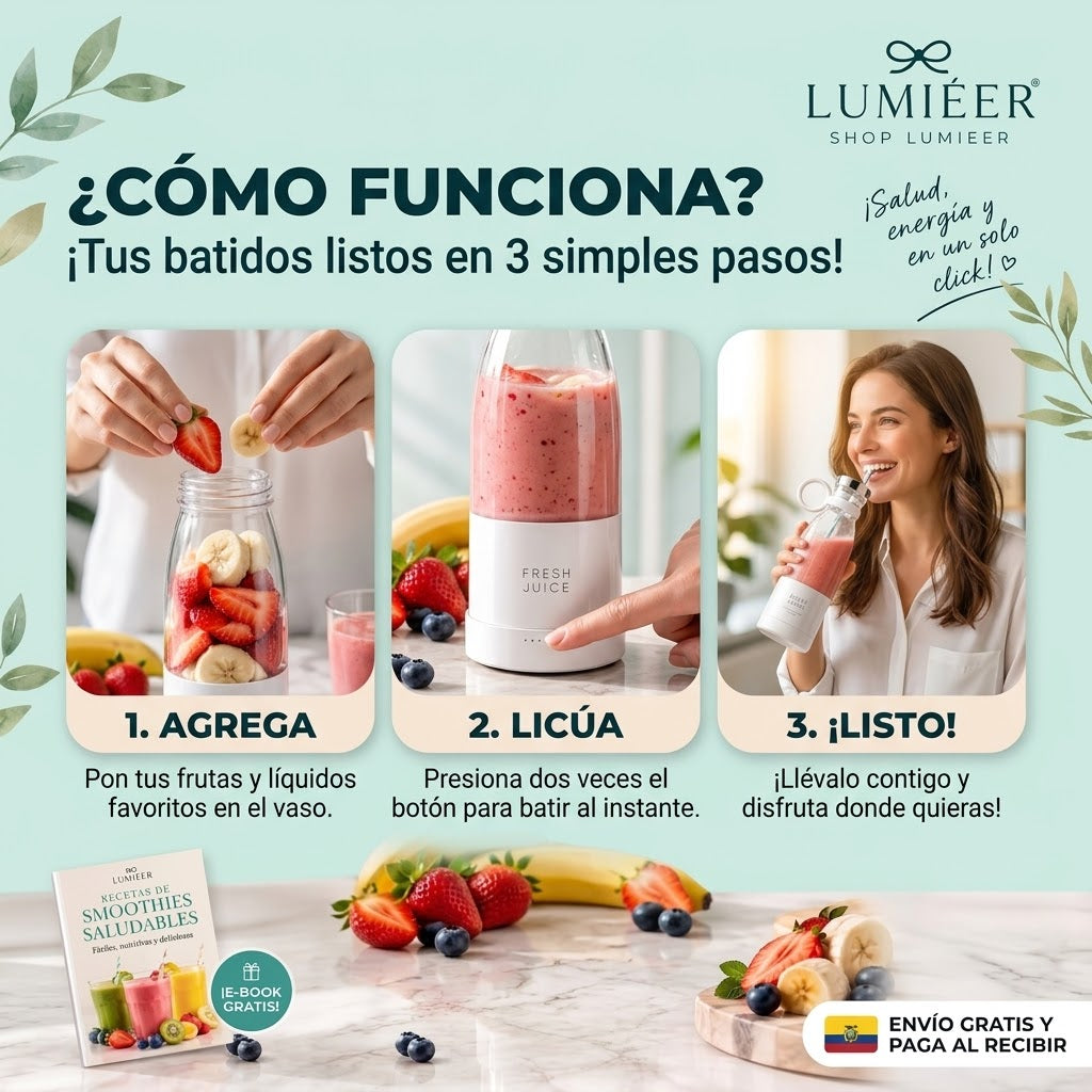 Fresh Juice™ Licuadora Portátil | Batidos y Jugos en 30 Segundos — Incluye Ebook GRATIS de Recetas Saludables para Bajar de Peso